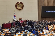 [M포토]한덕수 대행 탄핵 소추안 과반 결정에 항의하는 국힘
