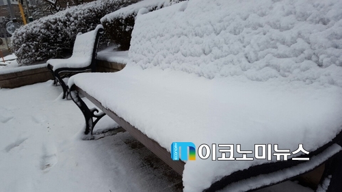 밤새 내린 눈이 벤치에 쌓여 있다. 서울은 6.5cm 가량 눈이 내렸다.