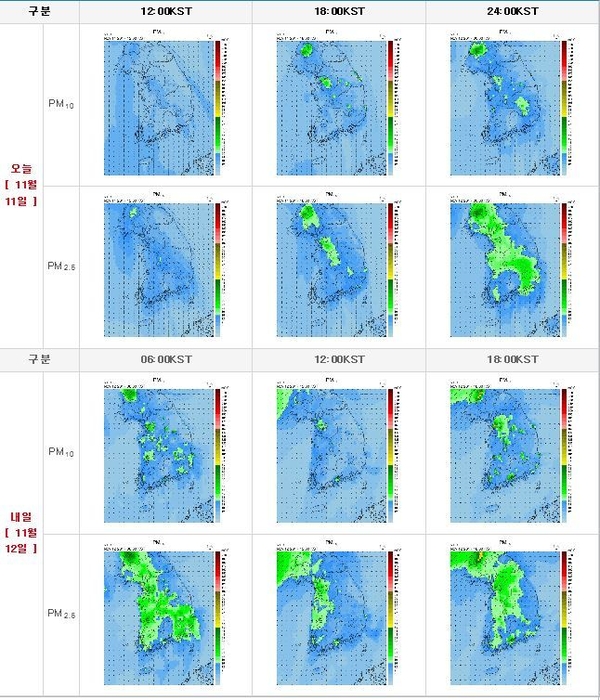 미세먼지 농도전망(출처 : 환경부 국립환경과학원) / 파랑:좋음, 녹색:보통, 노랑:나쁨, 빨강:매우나쁨)