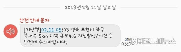 11일 포항에서 규모 4.6의 지진이 발생한 가운데, 긴급재난문자가 지진 발생 시간인 오전 5시3분보다 7분 늦은 오전 5시10분에 발송됐다. 행정안전부는 이에 대해 시스템 오류 때문인 것으로 보고 정확한 원인을 파악 중이라고 밝혔다.