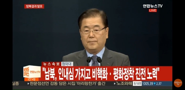 정의용 청와대 국가안보실장 / 사진 : 연합뉴스TV 화면 캡쳐