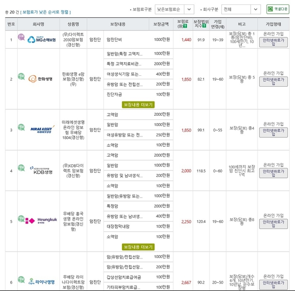 보험다모아 상품비교 예시