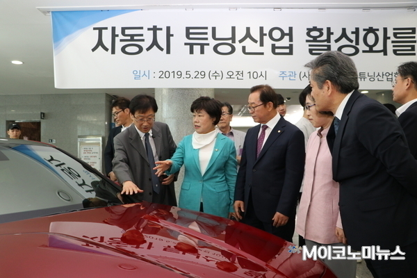 29일 국회에서 열린 자동차 튜닝산업 활성화 토론회에 참석한 조배숙 민주평화당 의원 등이 관계자로부터 튜닝 자동차에 대한 설명을 듣고 있다. <사진 : 김선재 기자>