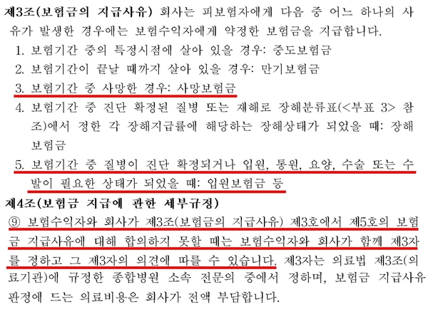 생명보험 표준약관 제3조(보험금의 지급 사유) 및 제4조(보험금 지급에 관한 세부규정)