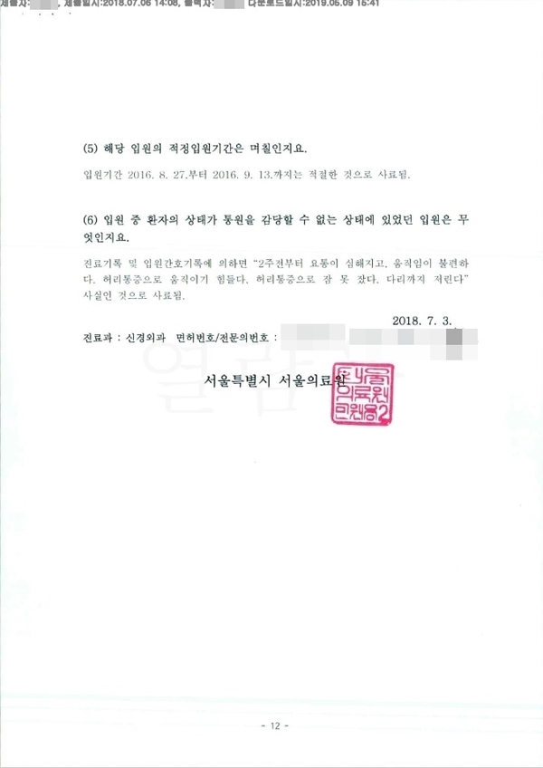 의료자문 진료기록 감정서. 한의원 입원치료에 대한 의학적 판단을 양방의사에게 묻고 있으며, 의사에게 약관과 판례에 따른 입원인지 묻고 있다. / 자료 : 김미숙 보험이용자협회 대표