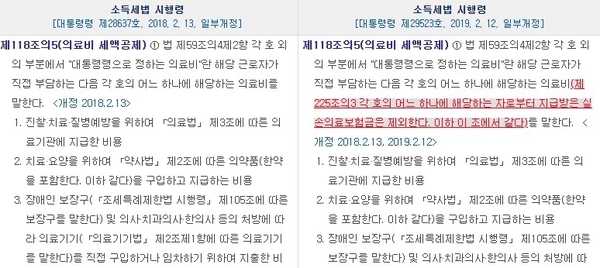 소득세법 시행령 제118의5 개정 전(좌) 개정 후(우)