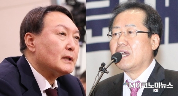 윤석열 전 검찰총장(왼쪽)과 홍준표 국민의힘 의원의 지지율 격차가 한자릿수대로 좁혀졌다.