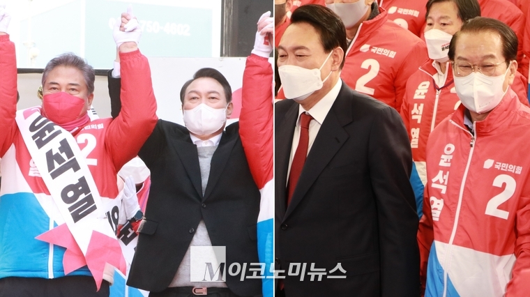 (왼쪽 사진) 박진 의원과 윤석열 당선인, (오른쪽 사진) 윤 당선인과 권영세 의원