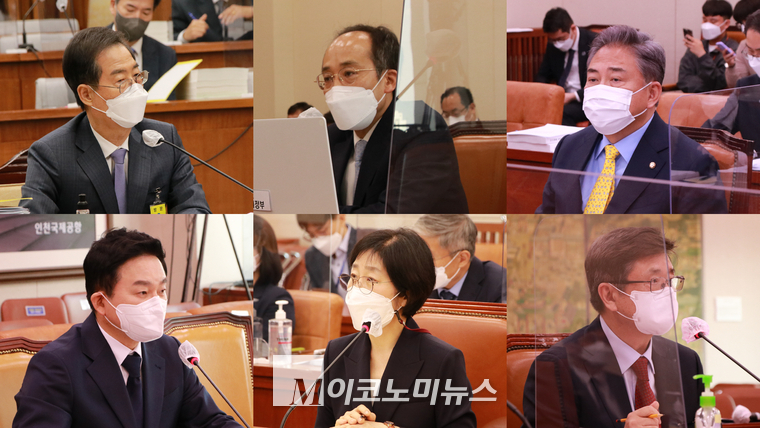 인사청문회에서 질문에 답변하는 후보자들(왼쪽 위부터 한덕수 국무총리 후보자, 추경호 부총리 겸 기획재정부 장관 후보자, 박진 외교부 장관 후보자, 원희룡 국토교통부 장관 후보자, 한화진 환경부 장관 후보자, 박보균 문화체육관광부 장관 후보자)