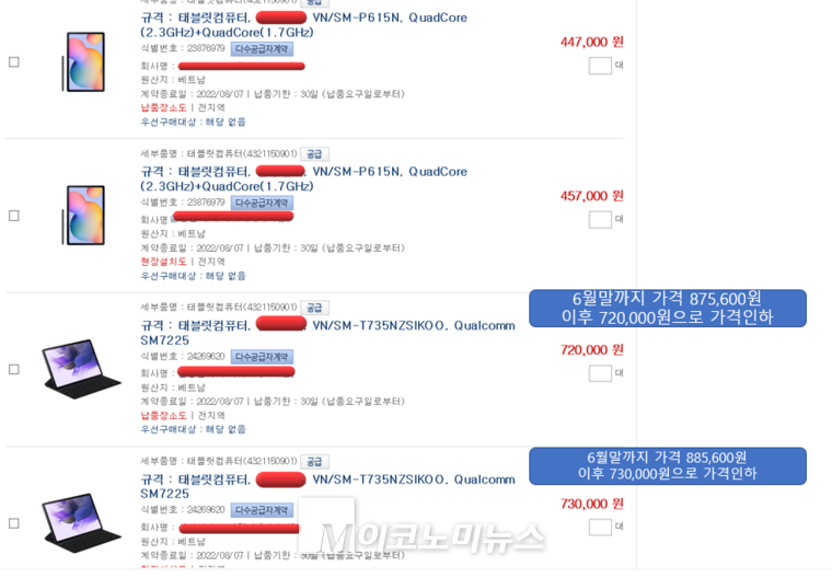 최근 조달청 나라장터에서 70만원대로 인하된 S전자의 제품 (사진 : 조달청 나라장터)