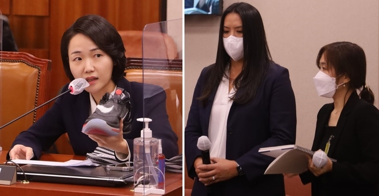 왼쪽은 질의하는 홍정민 의원, 오른쪽은 킴벌리 린 창 멘데스 나이키코리아 사장과 통역사 <사진 : 홍 의원실 제공>