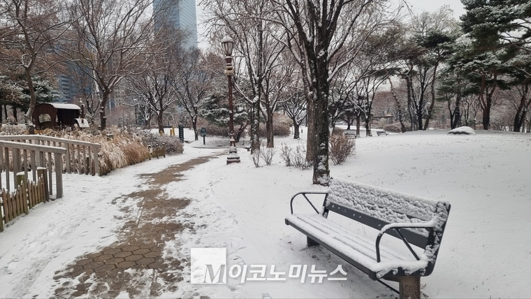 15일 오후 3시경, 서울 여의도공원에 하얀 눈이 소복히 쌓여 있다. 