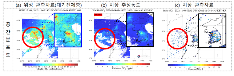환경위성 NO2 관측자료(대기전체층)와 시장 손도 간 비교(2022년 11월 4일 14시45분(KST)