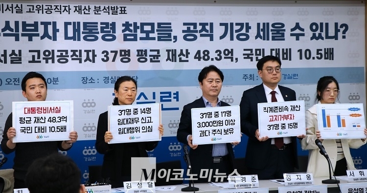 14일 오전 경실련 관계자들이 본부에서 윤석열 정부 대통령비서실 고위공직자 재산 분석발표에 앞서 피켓을 들고 있다. <사진: 김종현 기자>