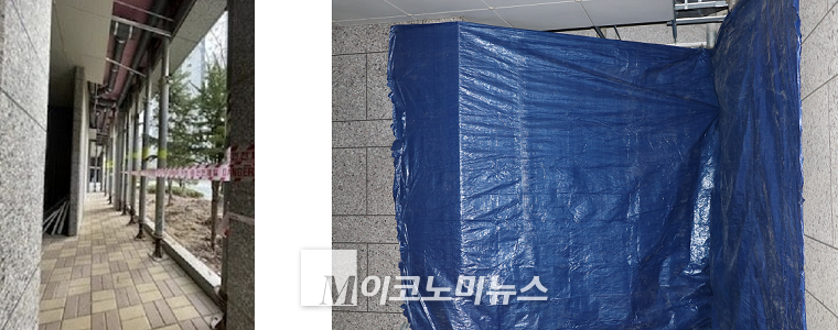 (왼쪽부터) 서울시는 주민 불안을 해소하기 위해 파손 현장 주변에 잭서포트를 설치했다. 기자가 현장에 도착했을 당시에는 해당 잭서포트도 천막에 가려져 있었다. <사진: 김종현 기자>