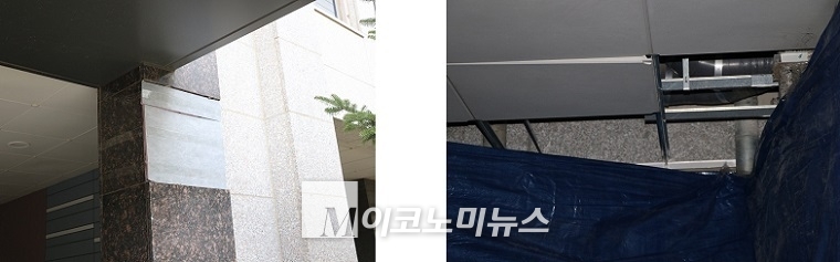 (왼쪽부터) 파손 현장 주변 소재 기둥에서도 타일이 떨어져 나갔고 해당 (파손) 현장 천장은 타일이 뜯겨져 나간 그대로 방치되고 있었다. <사진: 김종현 기자>