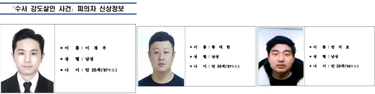 강남 납치·살인 피의자 이경우(36), 황대한(36), 연지호(30)씨 신상정보. <사진: 서울경찰청 제공>