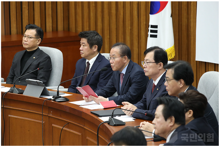 15일 오전 윤재옥 당 대표 권한대행과 원내대표단이 국회 회의실에서 열린 원내대책회의에 참석했다. / 국민의힘 제공