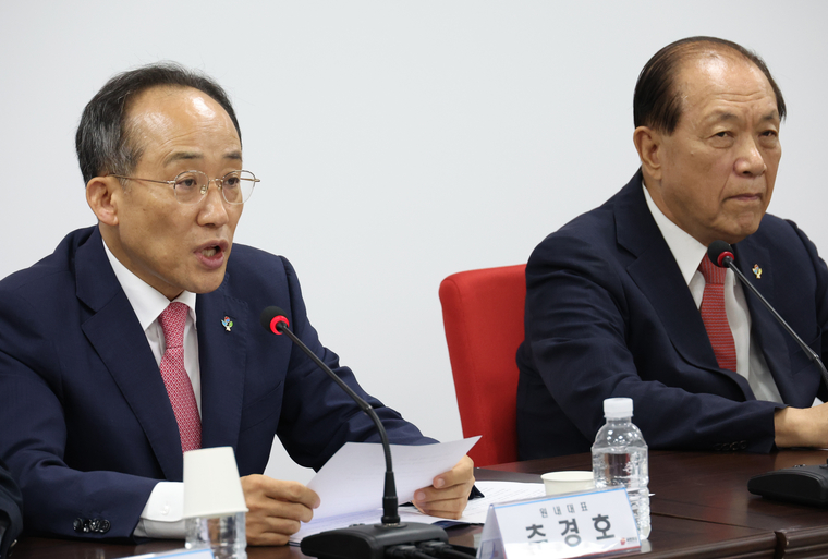 <strong>대화하는 추경호 원내대표와 배준영 원내수석부대표</strong><br>
국민의힘 추경호 원내대표(앞줄 왼쪽)와 배준영 원내수석부대표가 17일 오전 국회에서 열린 의회정치 원상복구 의원총회에서 대화하고 있다. 2024.6.17 (사진 =연합뉴스