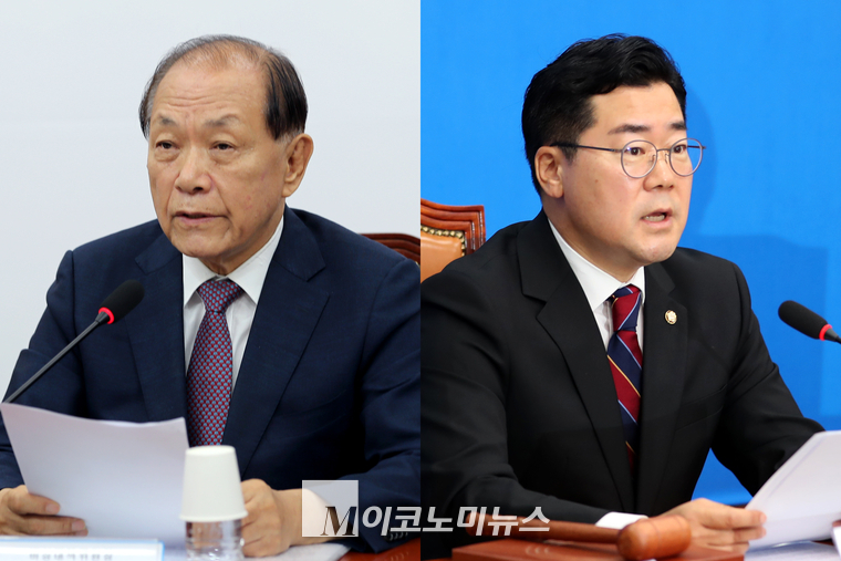 황우여 국민의힘 비상대책위원(왼쪽)과 박찬대 더불어민주당 대표 직무대행 겸 원내대표. (사진=최동환 기자)