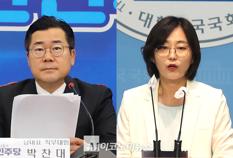 박찬대 더불어민주당 대표 직무대행 겸 원내대표(왼쪽)와 김재연 진보당 상임대표. (사진=최동환 기자)