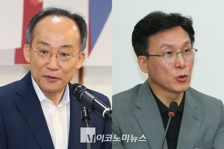 추경호 국민의힘 원내대표(왼쪽)와 김민석 더불어민주당 최고위원. (사진=최동환 기자)