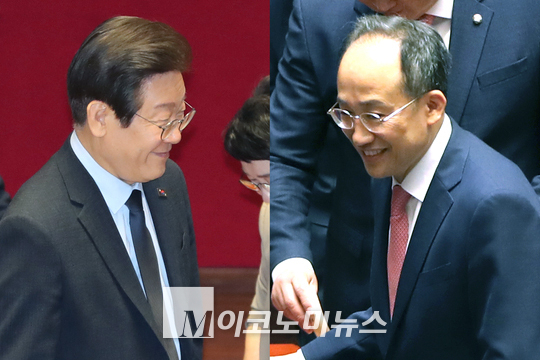 추경호 국민의힘 원내대표(오른쪽)와 이재명 더불어민주당 대표가 어제(4일) 국회 본회의에서 투표하고 있다. (사진=최동환 기자)