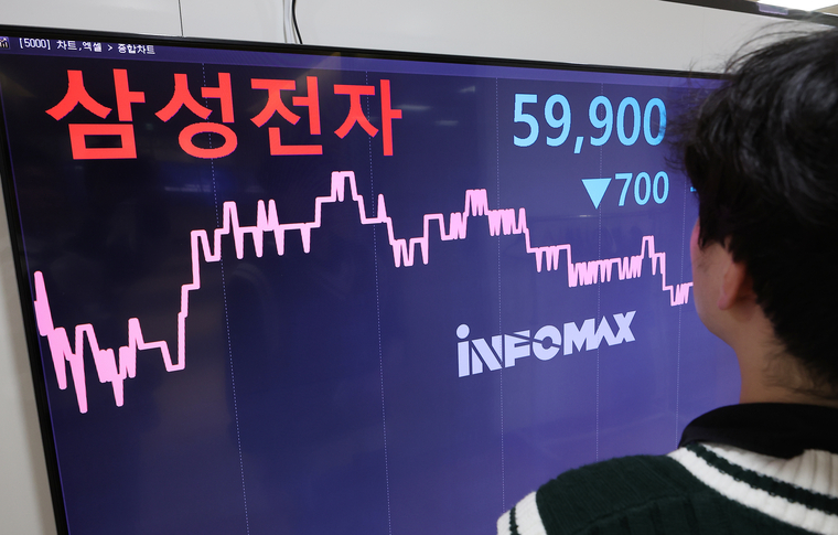 7일 오전 서울 종로구 연합인포맥스에서 관계자가 삼성전자 주가를 살피고 있다. 사진=연합뉴스
