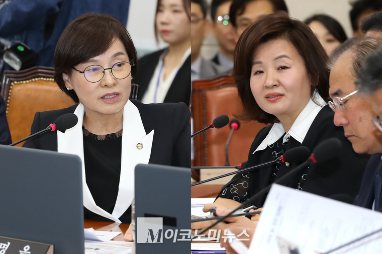 서명옥 국민의힘 의원(왼쪽)과 이수진 더불어민주당 의원이 이재명 대표의 헬기 탑승과 관련해 공방을 펼치고 있다. (사진=최동환 기자)
