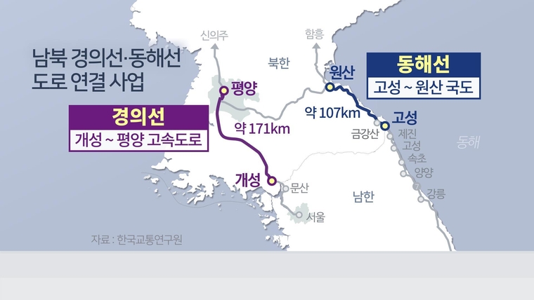 경의선, 동해선 연결 구간 지도. (연합뉴스)