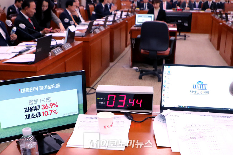 24일 열린 농해수위 종합국정 감사에 등장한 올해 1~3월 물가상승률 ‘과일류 36.9%, 채소류 10.7%’ 차트. (사진=최동환 기자)