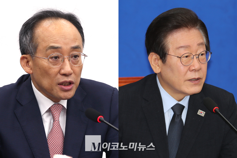 추경호 국민의힘 원내대표(왼쪽)와 이재명 더불어민주당 대표. (사진=최동환 기자)