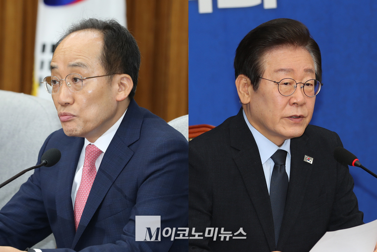 추경호 국민의힘 원내대표(왼쪽)와 이재명 더불어민주당 대표. (사진=최동환 기자)