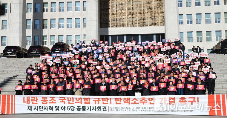 시민사회단체 및 야 5당은 6일 국회 본청 앞에서 내란 동조를 한 국민의힘을 규탄하고 있다. 최동환 기자