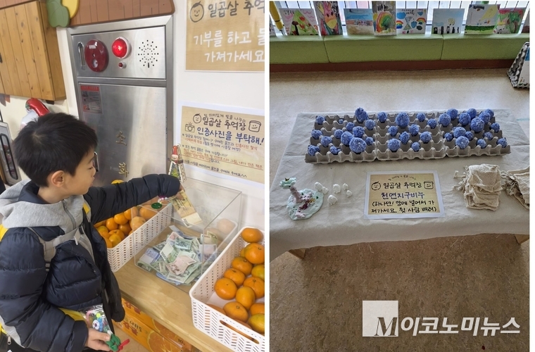 나래유치원 참빛반 작품에 기부하는 원아와 '일곱 살 추억들' 작품. 사진=독도사랑운동본부
