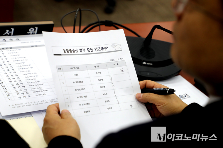 더불어민주당 박선원 의원이 6일 동행명령장 발부 증인 명단을 보고 있다. 사진=최동환 기자