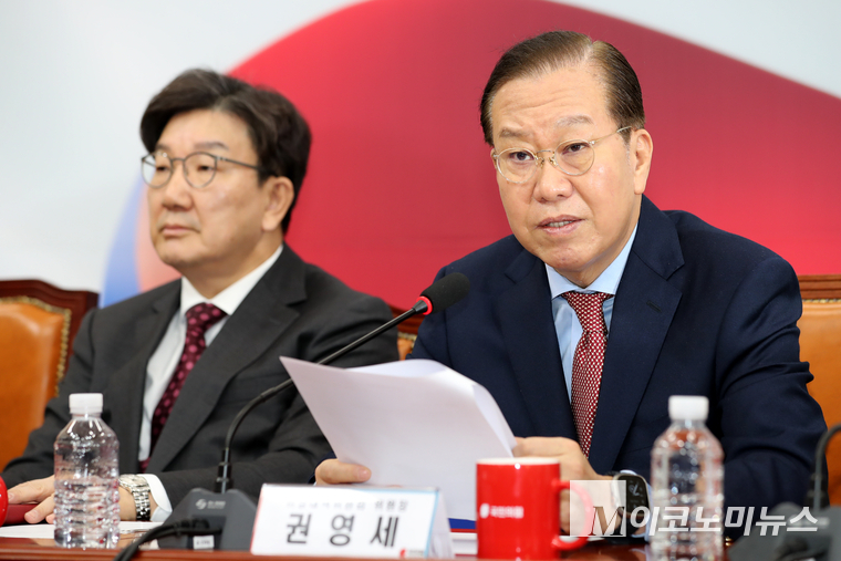 권영세 국민의힘 비상대책위원장이 27일 국회 본청에서 열린 비상대책위원회 회의에서 발언하고 있다. 사진=최동환 기자