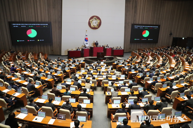 명태균 특검법이 27일 오후 국회 본회의에서 재석의원 274명 중 찬성 182명, 반대 91명, 기권 1명으로 국회 본회의를 통과했다. 사진=최동환 기자
