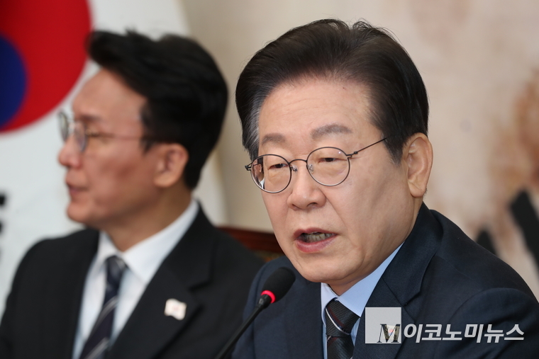이재명 더불어민주당 대표가 28일 국회 본청에서 열린 확대간부회의에서 발언하고 있다. 사진=최동환 기자