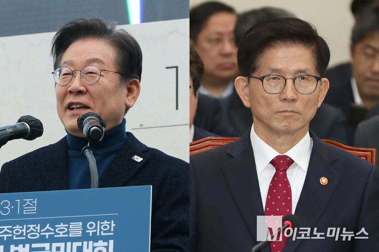 이재명 더불어민주당 대표(왼쪽)와 김문수 고용노동부 장관. 사진=최동환 기자