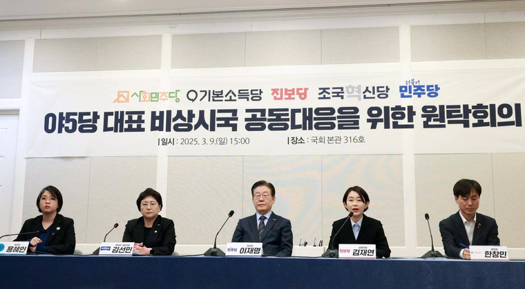 더불어민주당, 조국혁신당, 진보당, 기본소득당, 사회민주당 등 야5당이 9일 국회에서 ‘비상시국 공동 대응을 위한 원탁회의’를 열고 심우정 검찰총장 자진사퇴를 촉구했다. 사진=진보당
