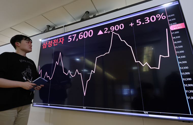 코스피가 전장보다 44.33p(1.73%) 오른 2,610.69로 마감한 17일 서울 종로구 연합인포맥스에 설치된 화면에 이날 5% 이상 급등한 삼성전자 주식. 사진=연합뉴스