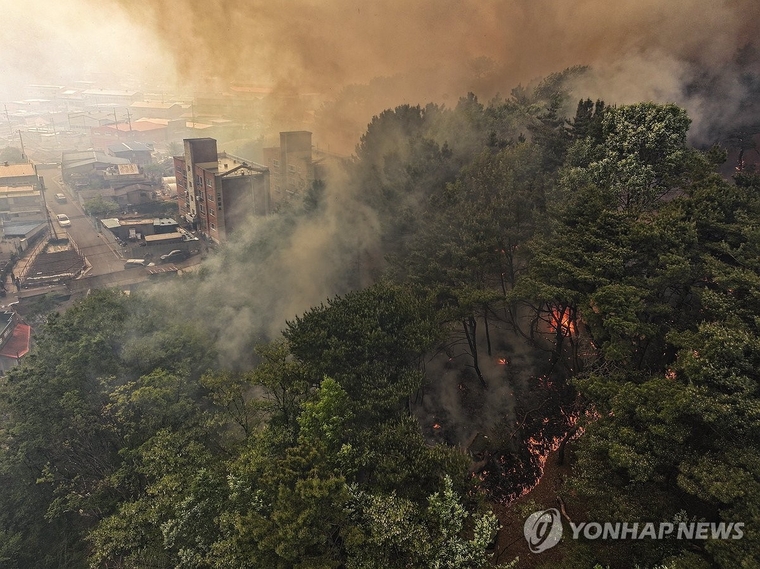  28일 오후 2시 1분께 대구 북구 노곡동 함지산에서 발생한 산불이 인근인 조야동 민가까지 확산하고 있다. 사진=연합뉴스 