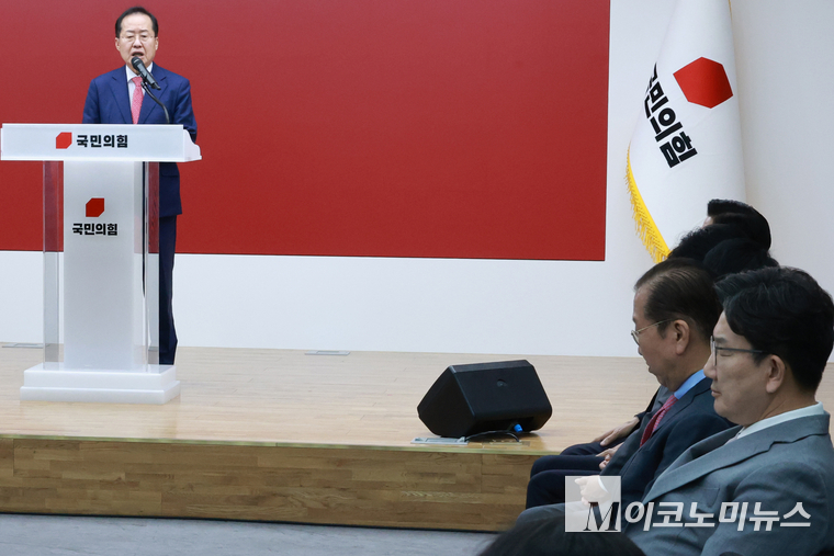  홍준표 전 대구시장이 지난 4월 29일 여의도 국민의힘 당사에서 열린 제21대 대통령 후보자 국민의힘 3차 경선 진출자 발표 행사에 참석해 발언하고 있다. 사진=최동환 기자