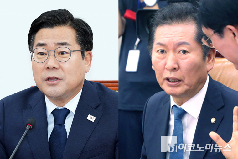 박찬대 더불어민주당 의원(왼쪽)과 정청래 의원. 사진=최동환 기자
