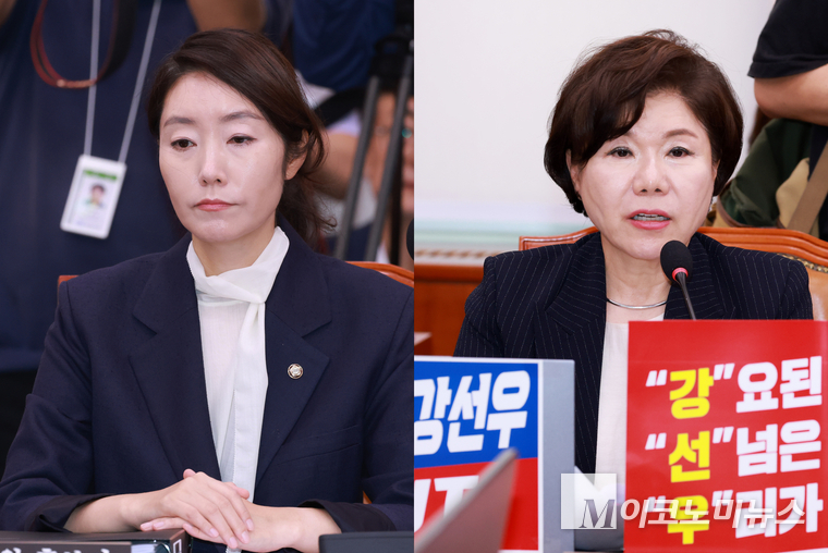 강선우 여성가족부 장관 후보자(왼쪽)와 국민의힘 소속 국회 여성가족위원회 간사인 조은희 의원이 14일 열린 여성가족부 장관 청문회에 참석해 있다. 사진=최동환 기자