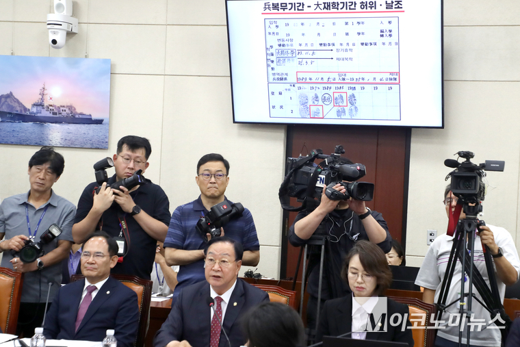 한기호 국민의힘 의원이 15일 청문회에서 안규백 후보자의 군 복무 기록과 관련에 자료를 준비해 의혹을 제기하고 있다. 사진=최동환 기자