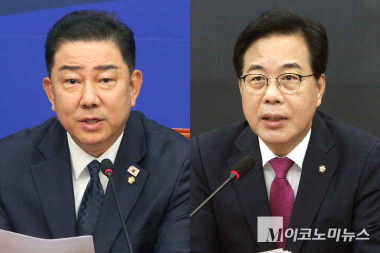 김병기 더불어민주당 당대표 직무대행 겸 원내대표가 28일 국회 본청에서 열린 최고위원회의에서 발언하고 있다. (왼쪽) 송언석 국민의힘 비상대책위원장 겸 원내대표가 28일 국회 본청에서 열린 비상대책위원회의에서 발언하고 있다. 사진=최동환 기자