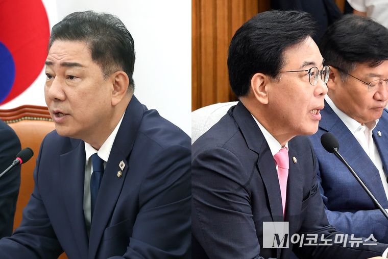 김병기 더불어민주당 당대표 직무대행 겸 원내대표가 29일 원내대책회의에서 발언하고 있다.(왼쪽) 송언석 국민의힘 비상대책위원장 겸 원내대표는 29일 원내대책회의에서 발언하고 있다. 사진=최동환 기자