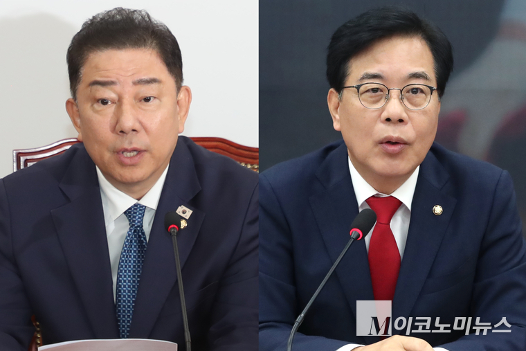 김병기 직무대행은 31일 국회 본청에서 열린 정책조정회의에서 발언하고 있다. (왼쪽) 송언석 비대위원장은 31일 국회 본청에서 열린 비상대책위원회에서 발언하고 있다. 사진=최동환 기자